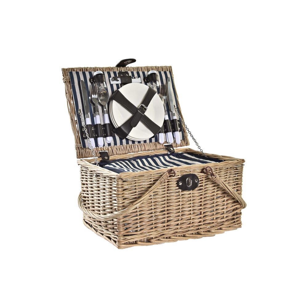 Basket DKD Home Decor wicker Picnic Ceramic Natural Blue Polyester
