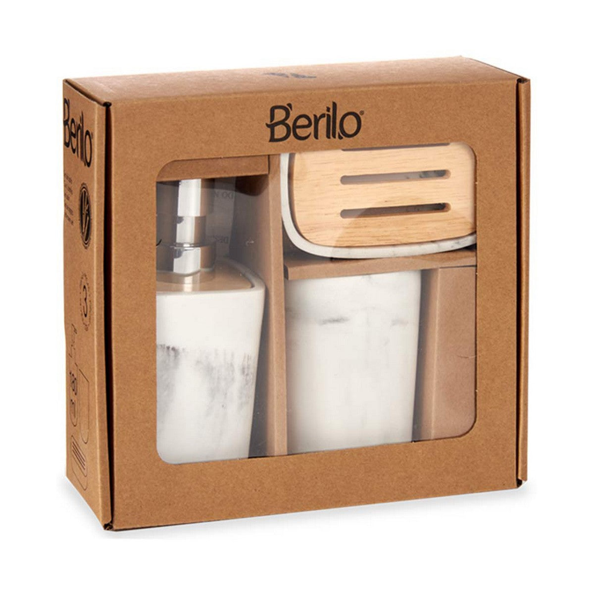 Bath Set White Brown Plastic Bamboo