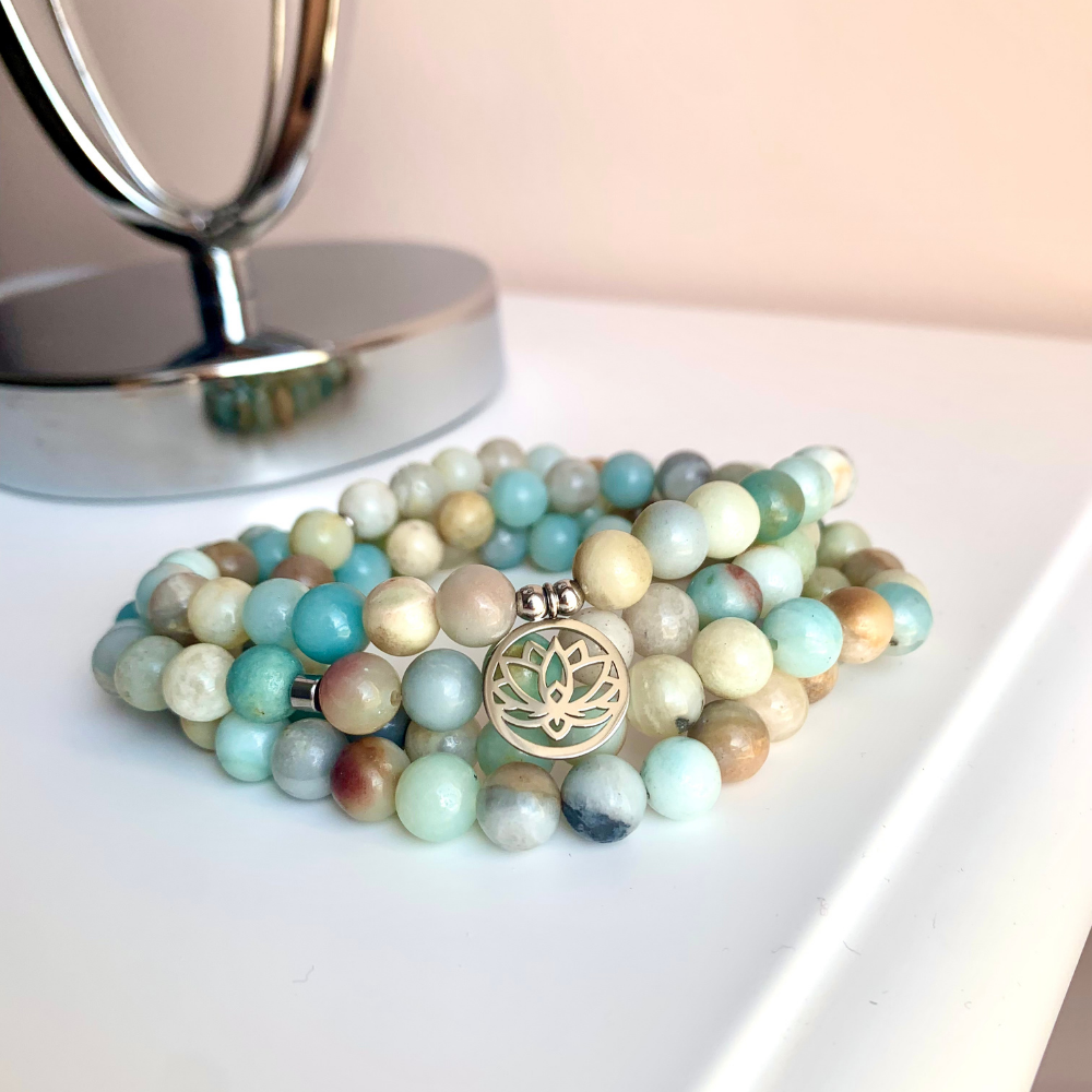 Bracelet Mala "Lotus" de 108 perles en Amazonite