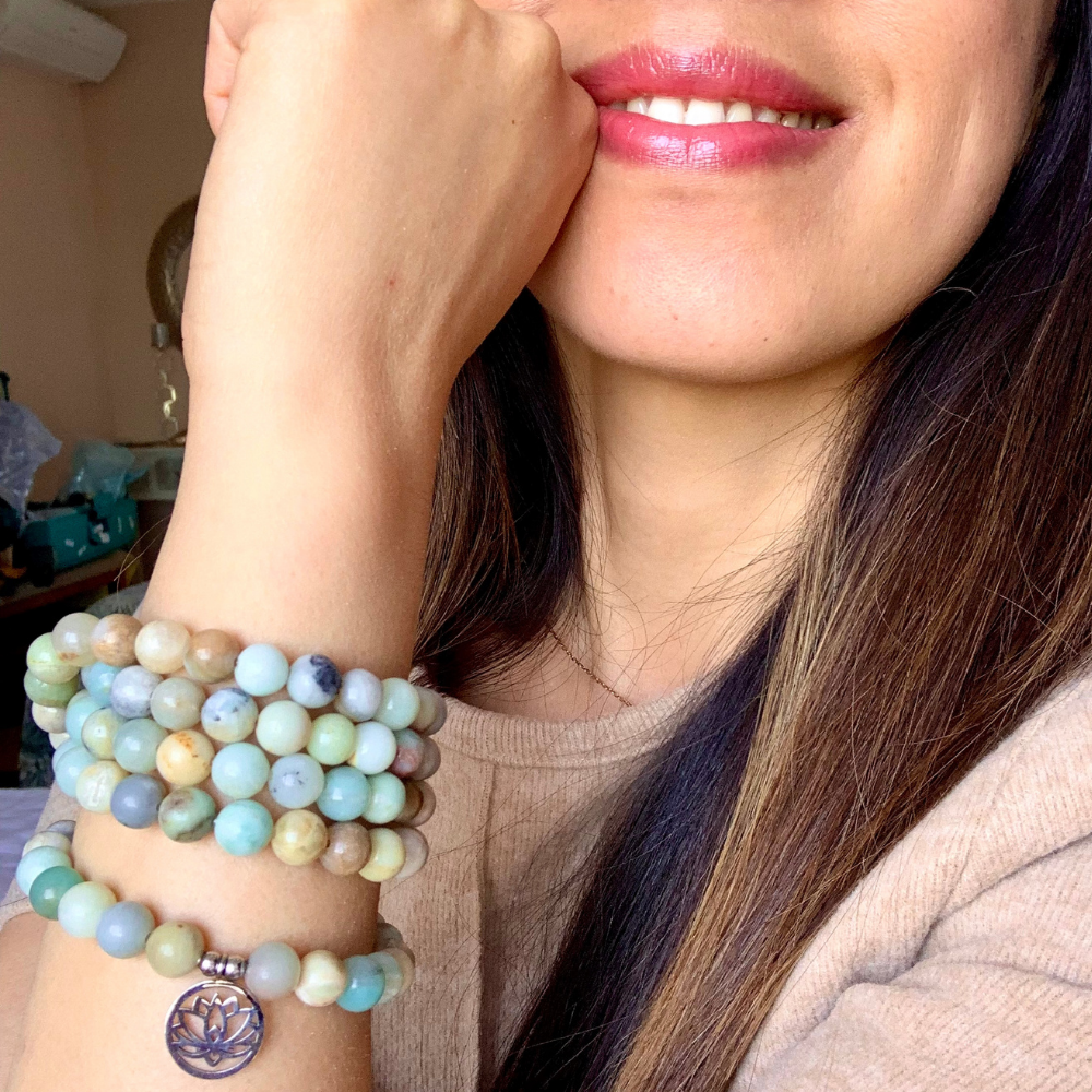 Bracelet Mala "Lotus" de 108 perles en Amazonite