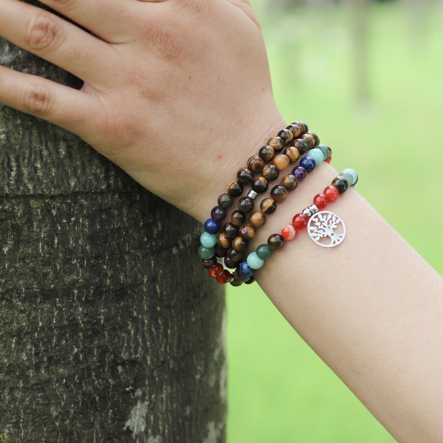 Bracelet mala 7 Chakras de Guérison en Oeil de Tigre