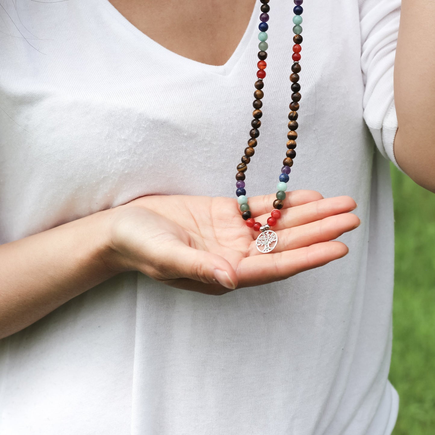 Bracelet mala 7 Chakras de Guérison en Oeil de Tigre