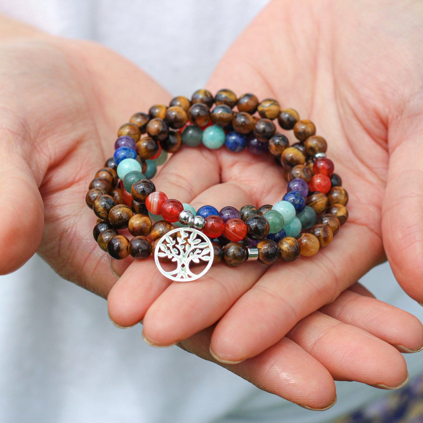Bracelet mala 7 Chakras de Guérison en Oeil de Tigre