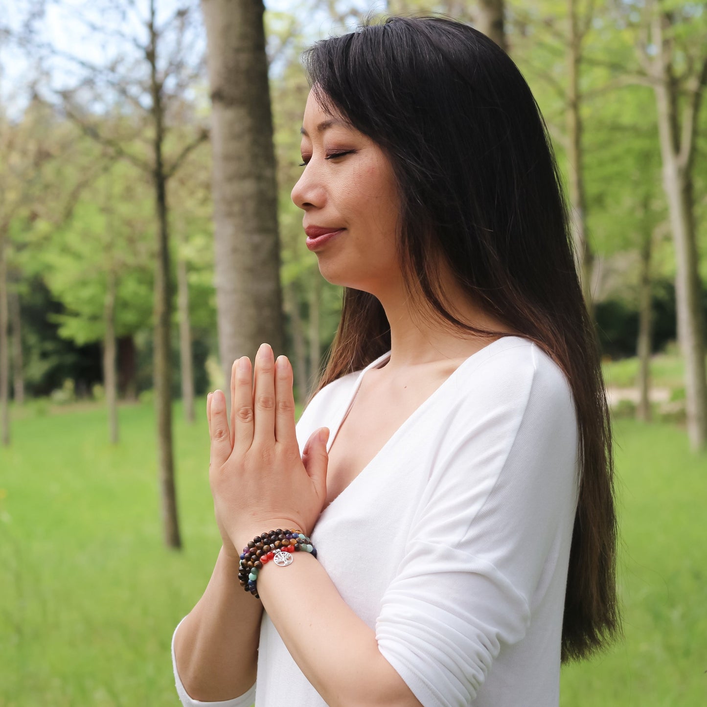 Bracelet mala 7 Chakras de Guérison en Oeil de Tigre