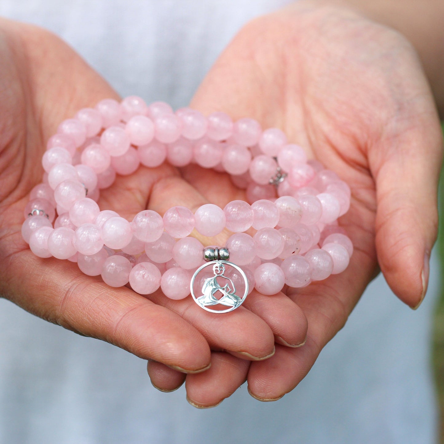 Bracelet Mala "Réconfort & Amour de Bouddha" 108 perles en Quartz Rose