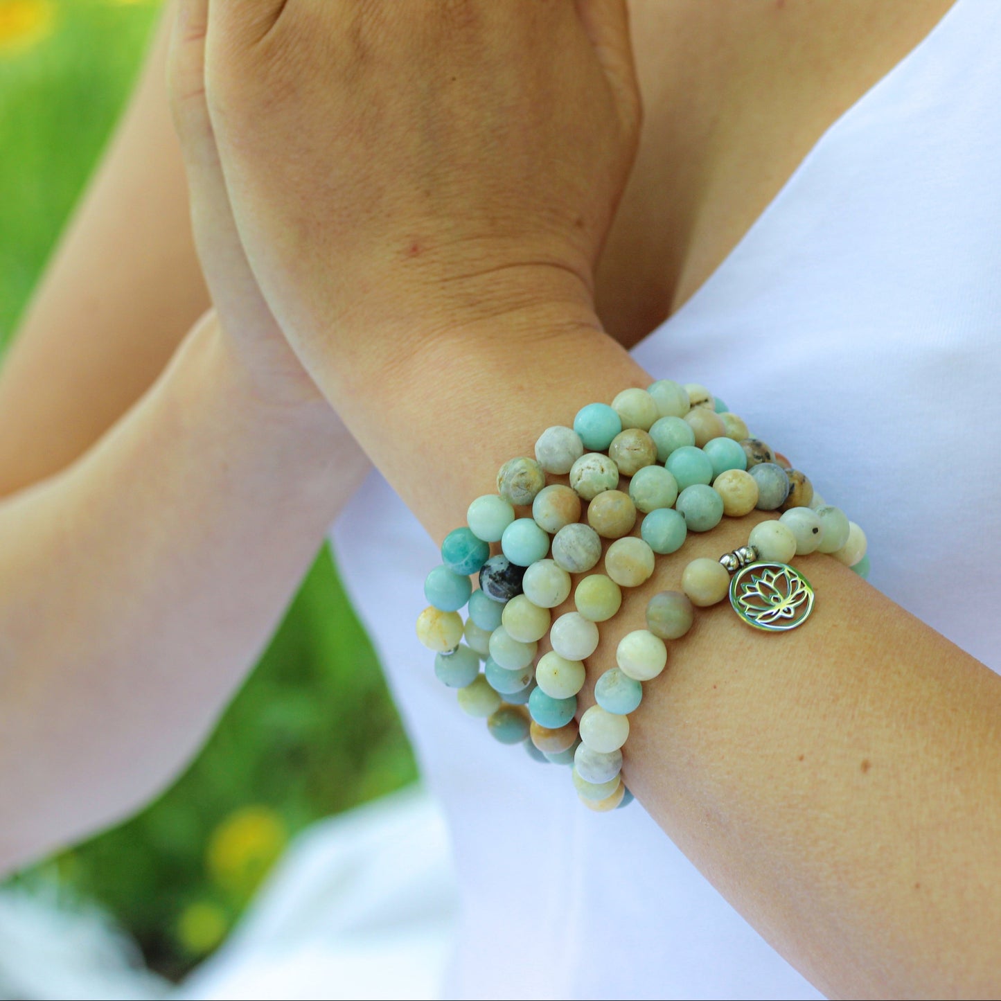 Bracelet Mala "Lotus" de 108 perles en Amazonite