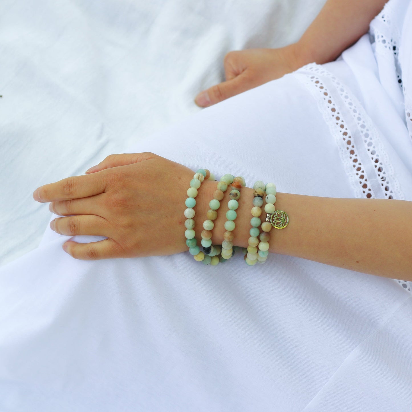 Bracelet Mala "Lotus" de 108 perles en Amazonite