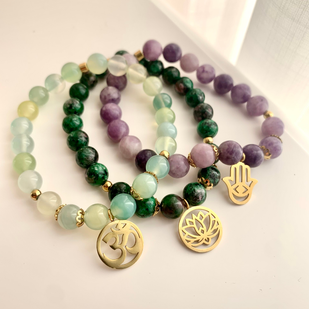 Triple Bracelets "Libération Émotionnelle" en Lépidolite, Clinozoïsite