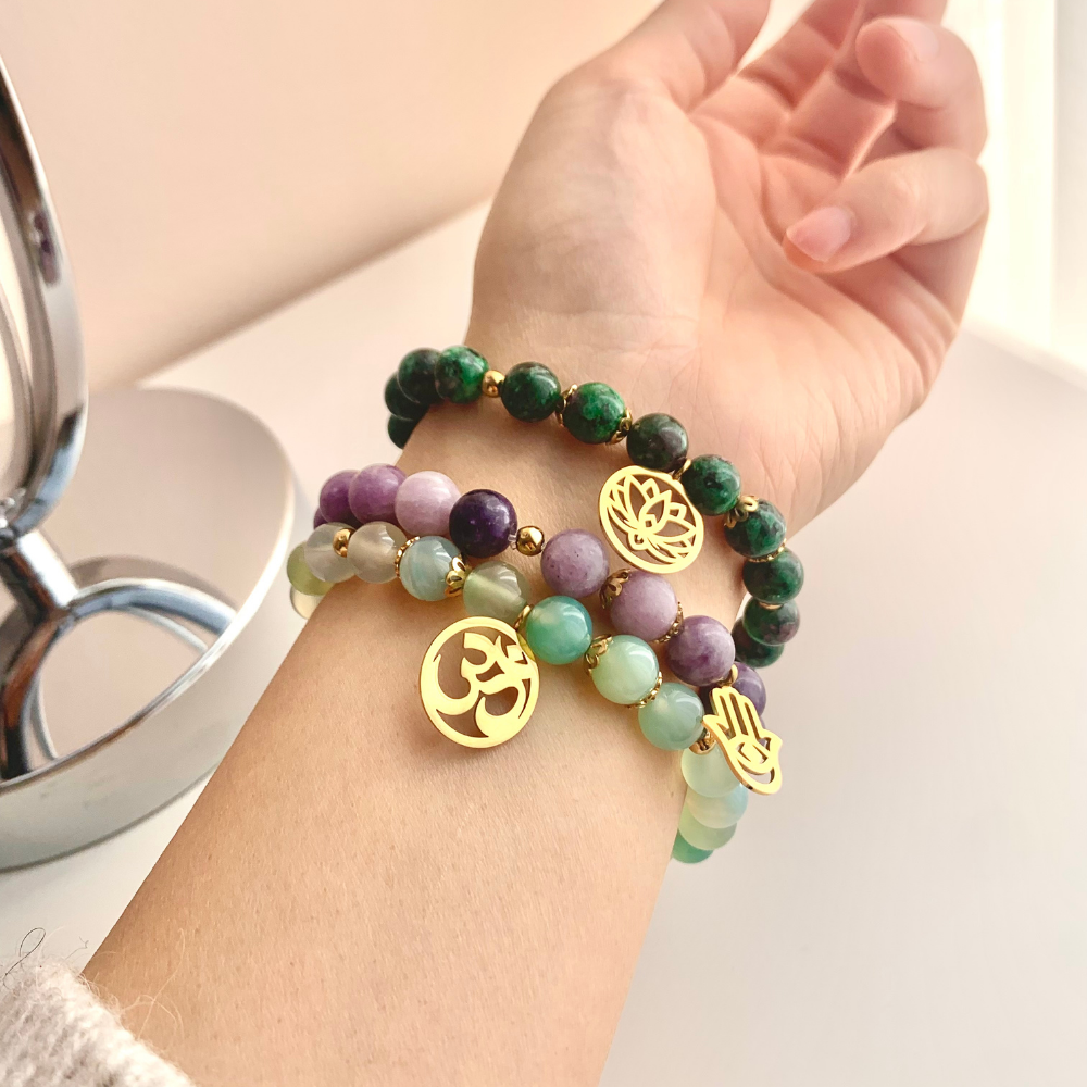 Triple Bracelets "Libération Émotionnelle" en Lépidolite, Clinozoïsite