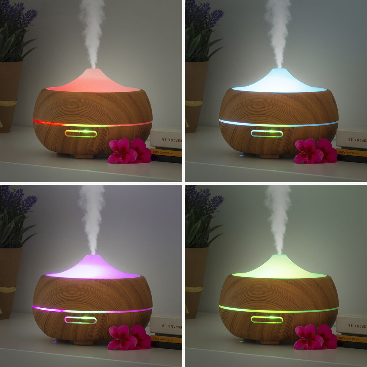 Humidificateur diffuseur d'arômes avec LED multicolores effet bois