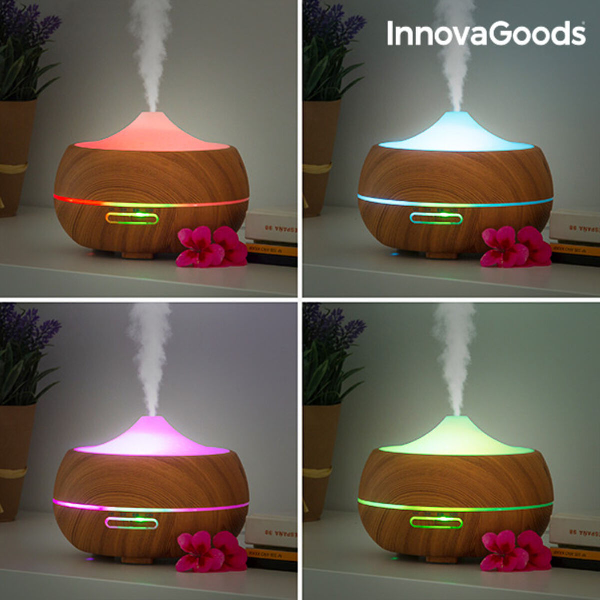 Humidificateur diffuseur d'arômes avec LED multicolores effet bois