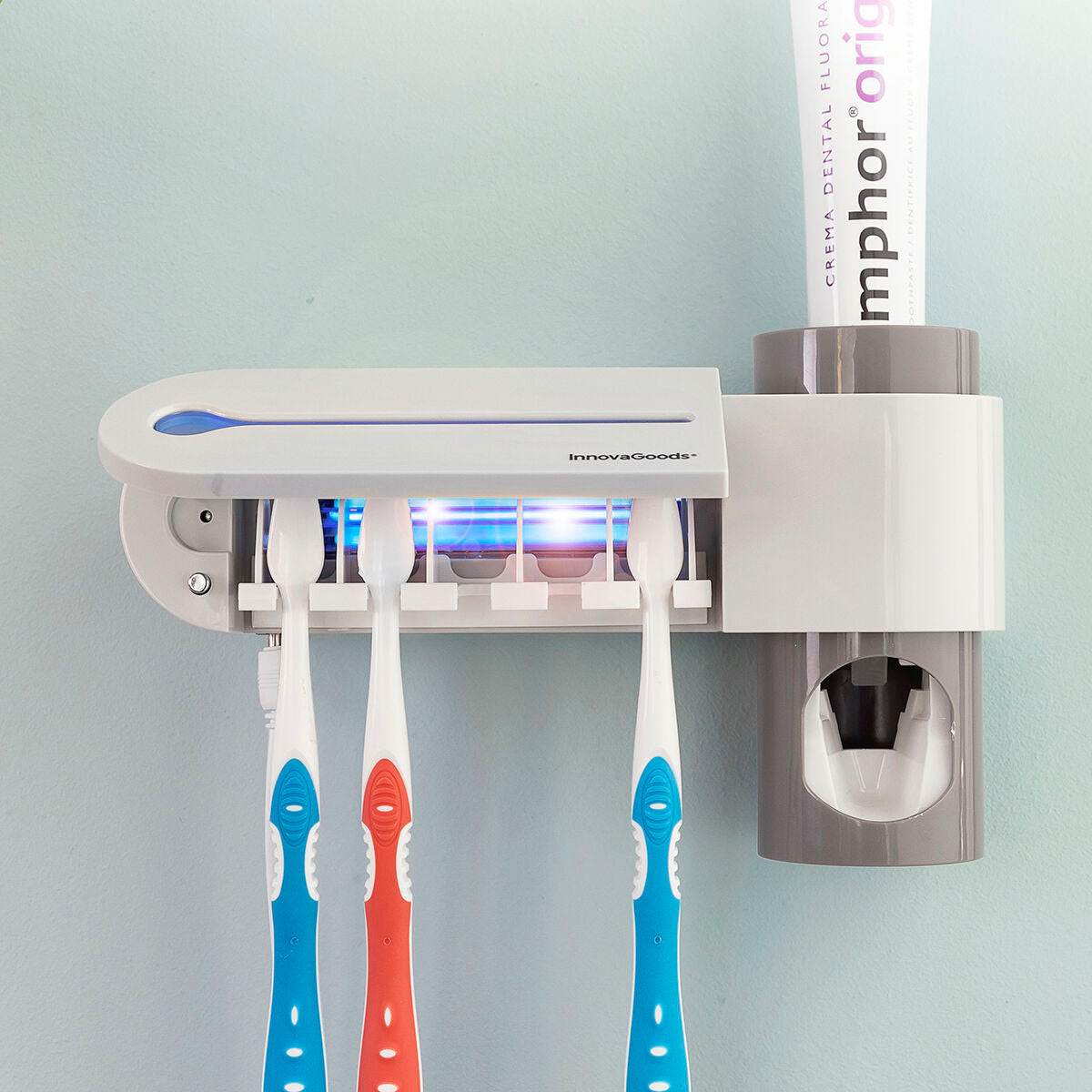 Esterilizador de cepillos de dientes UV con soporte y dispensador de pasta de dientes Smiluv