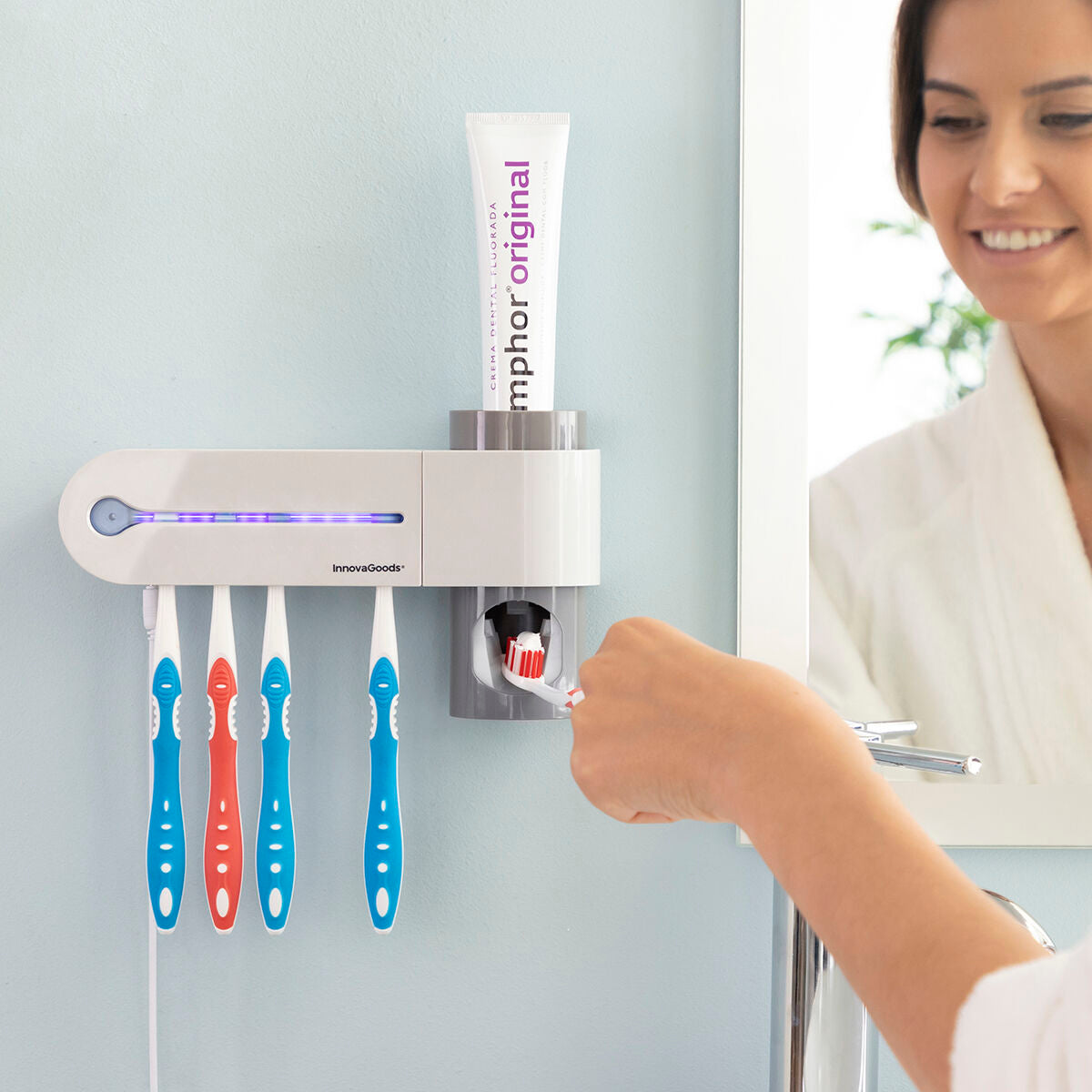 Esterilizador de cepillos de dientes UV con soporte y dispensador de pasta de dientes Smiluv