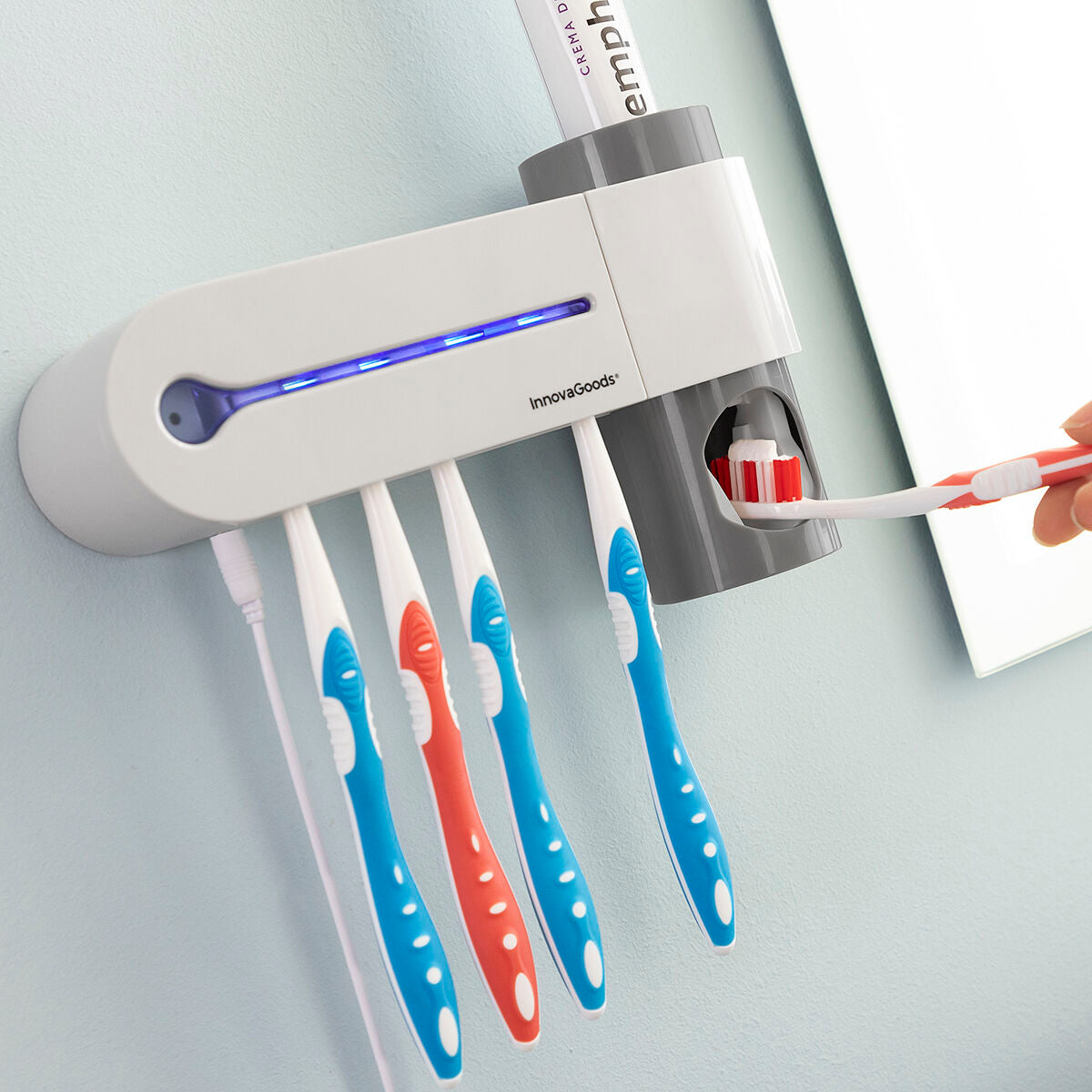 Esterilizador de cepillos de dientes UV con soporte y dispensador de pasta de dientes Smiluv