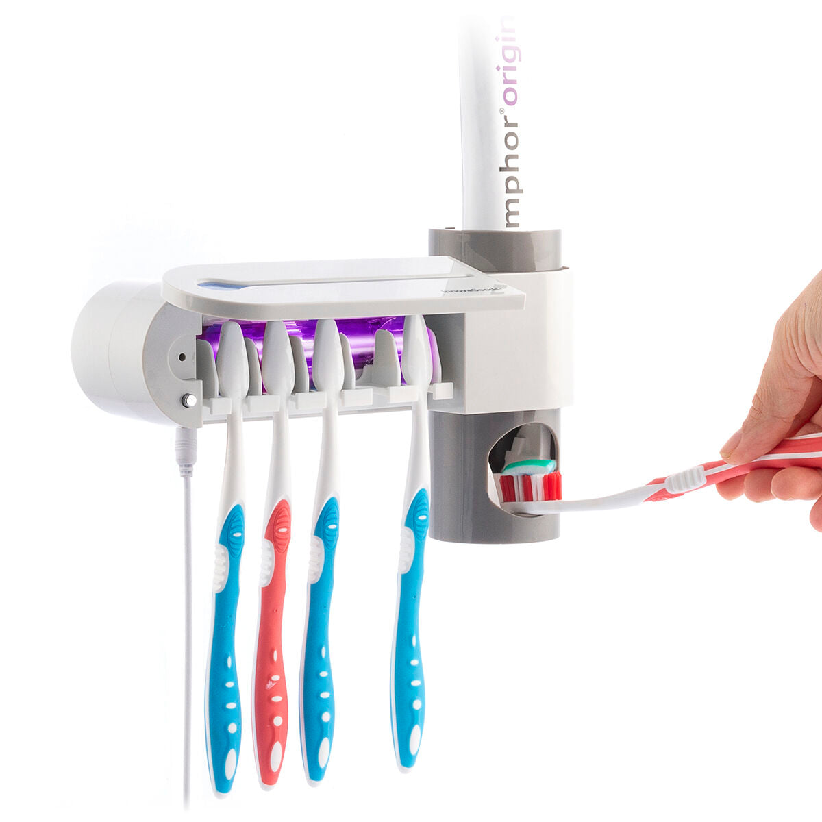 Esterilizador de cepillos de dientes UV con soporte y dispensador de pasta de dientes Smiluv