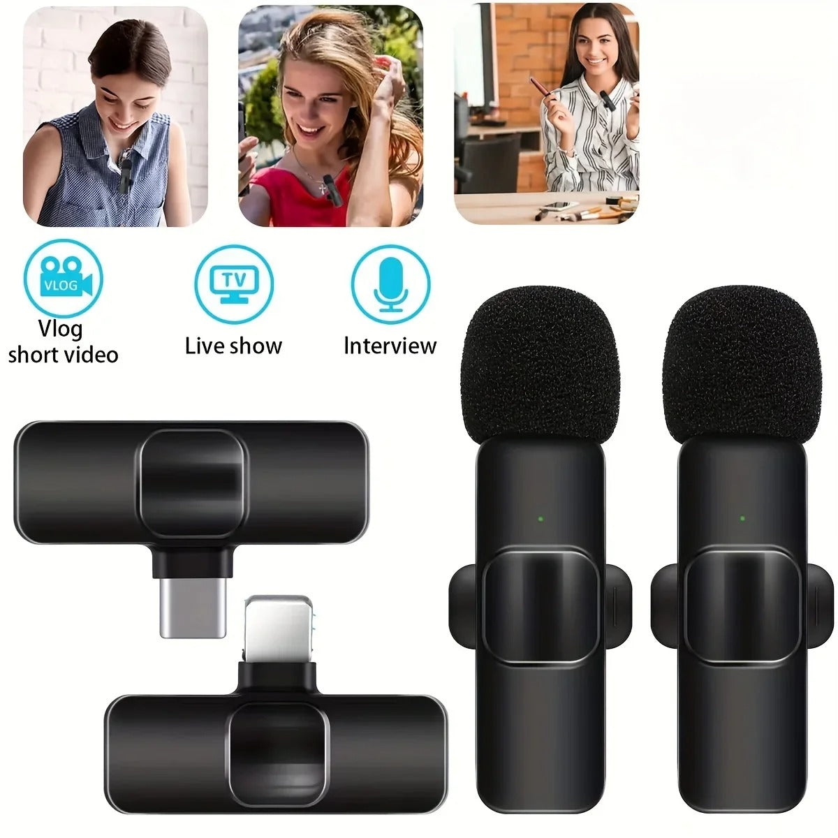 2 micrófonos inalámbricos para grabación de video y podcasts con reducción de ruido incorporada
