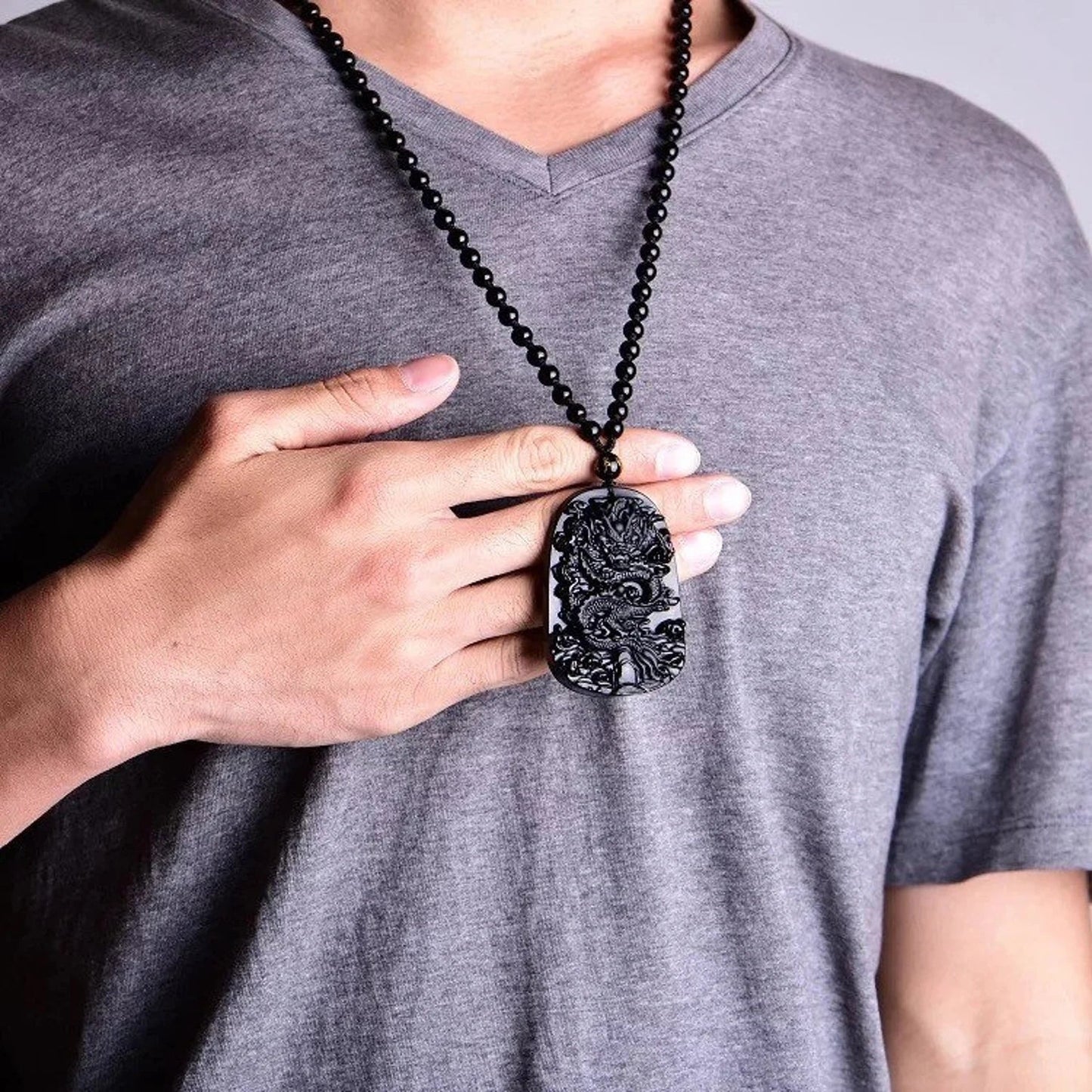 Collier Dragon en Obsidienne Noire