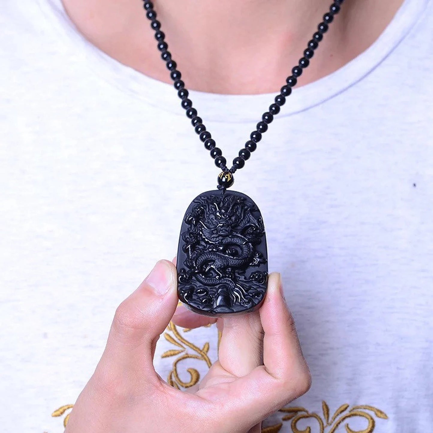 Collier Dragon en Obsidienne Noire
