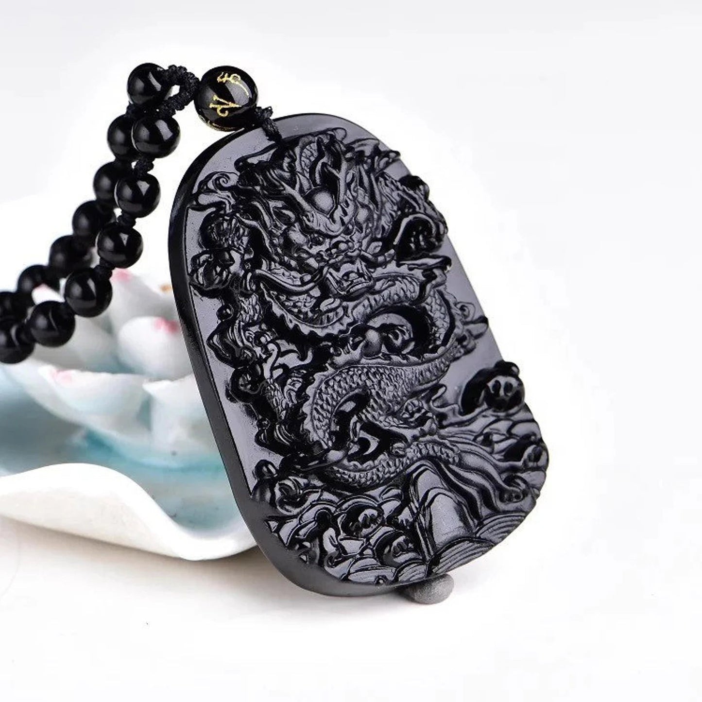 Collier Dragon en Obsidienne Noire