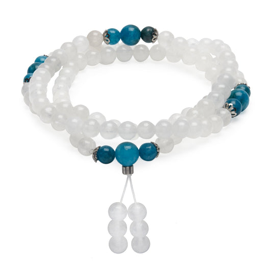 Bracelet Mala "Guan Yin" en Pierre de Lune et Apatite Bleue