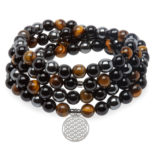 Bracelet "Triple Protection" de 108 perles en Oeil de Tigre, Hématite