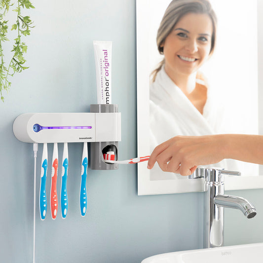 Esterilizador de cepillos de dientes UV con soporte y dispensador de pasta de dientes Smiluv
